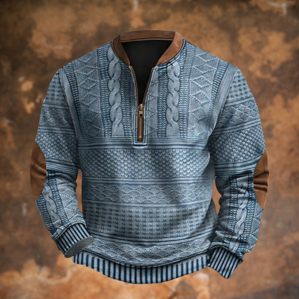 Detail van de half-zip ritssluiting op deze comfortabele herentrui, perfect voor modebewuste mannen.
