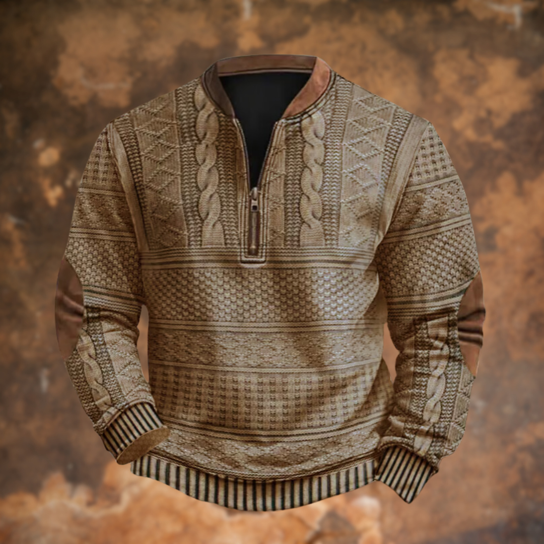 Heren half-zip trui in een casual setting, toont de veelzijdigheid en het comfort van de trui.