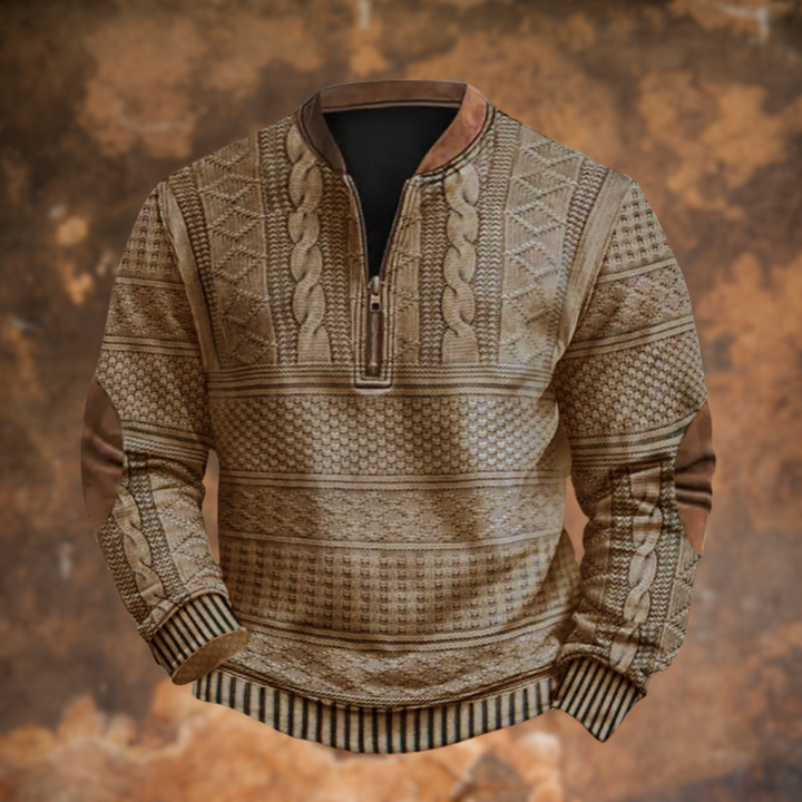 Heren half-zip trui in een casual setting, toont de veelzijdigheid en het comfort van de trui.