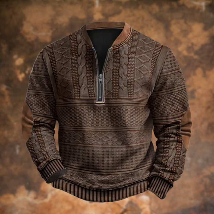Elegante heren half-zip trui, gecombineerd voor een verfijnde, stijlvolle outfit in de wintermode.
