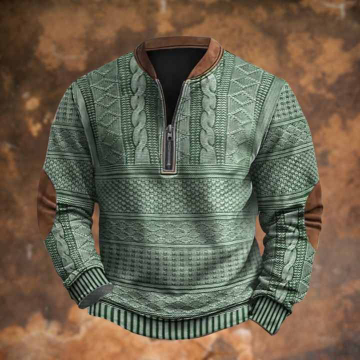 Textuur van de stof van de heren half-zip trui, zacht en warm, ideaal voor koude winterdagen.