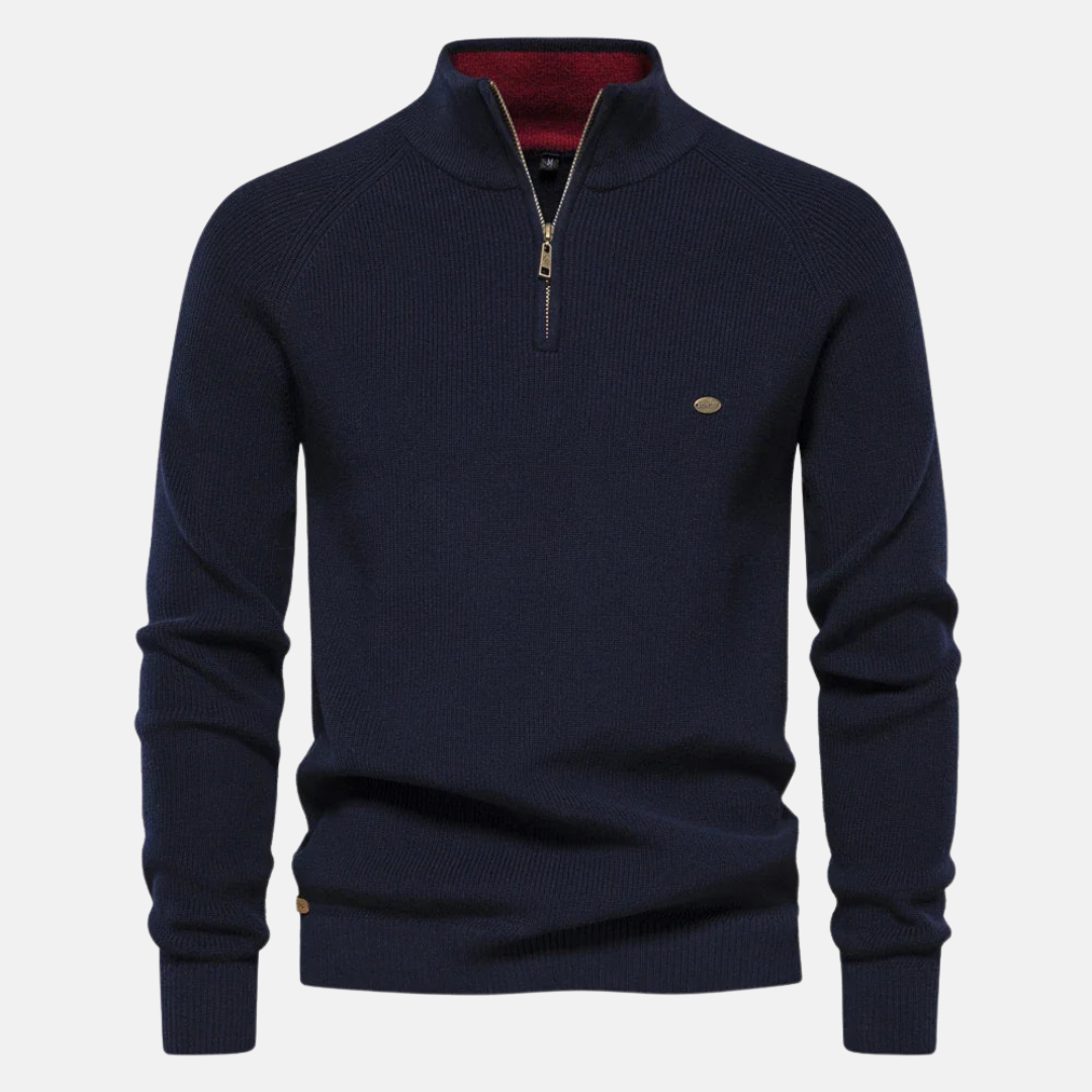 Stijlvolle heren halfzip pullover met ribgebreide mouwen, ideaal voor casual herfst- en wintermode.