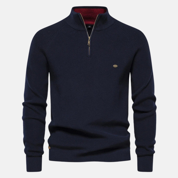 Stijlvolle heren halfzip pullover met ribgebreide mouwen, ideaal voor casual herfst- en wintermode.