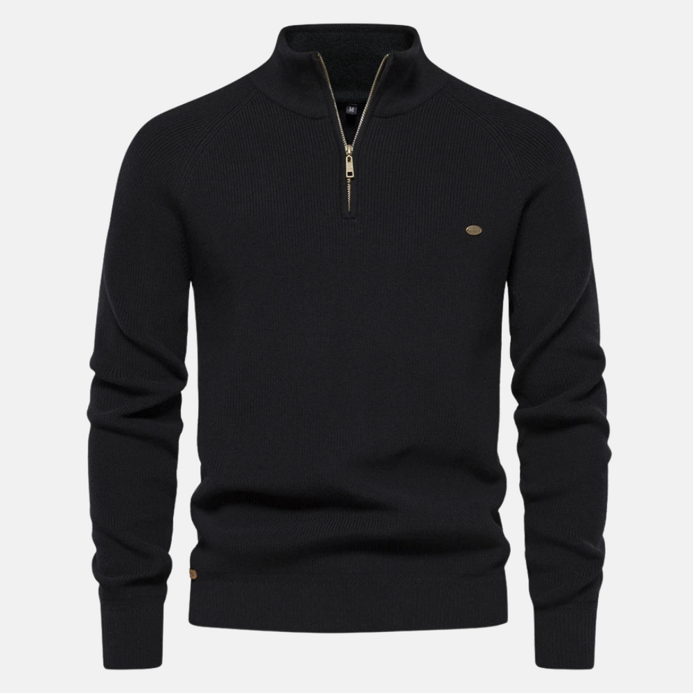 Comfortabele halfzip herensweater met ribgebreide mouwen. Perfecte casual pullover voor herfst en winter.
