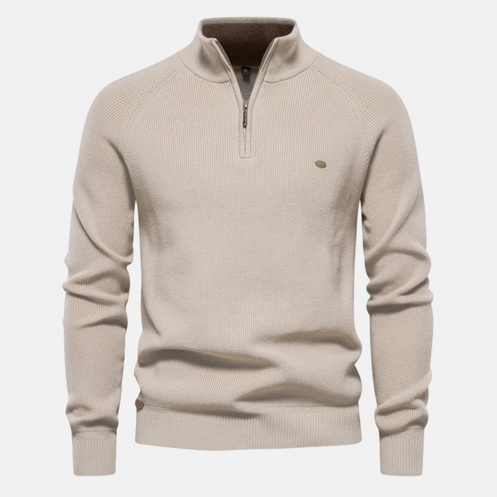 Essentiële herfst- en wintermode: stijlvolle halfzip herensweater met ribgebreide mouwen, comfortabel en warm.