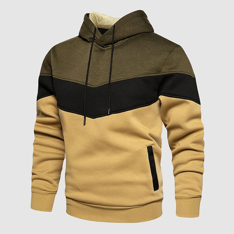 Comfortabele heren hoodie met kleurblokken in blauw, geel en groen, ideaal voor een relaxte stijl.