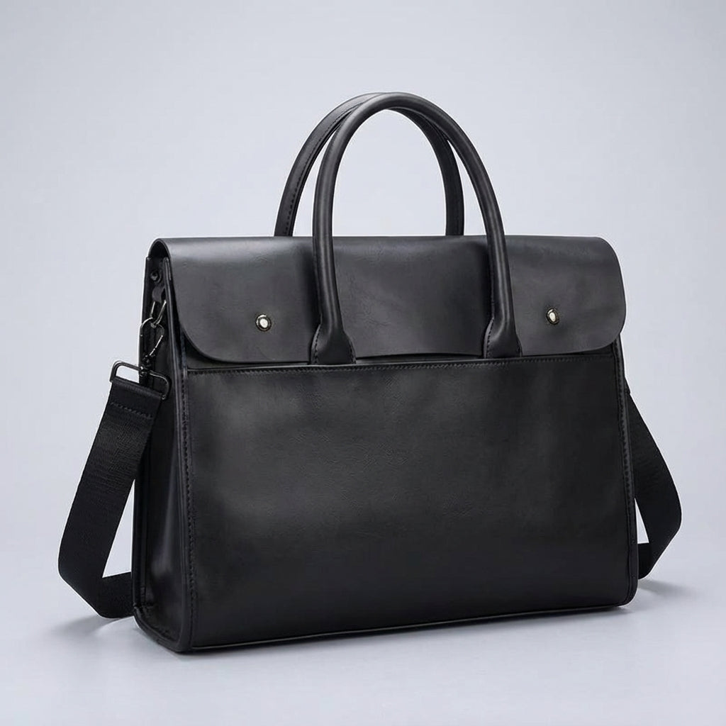 Gedetailleerde weergave van de heren laptoptas van PU leer. Ruim interieur voor 14 inch laptop en organisatie.