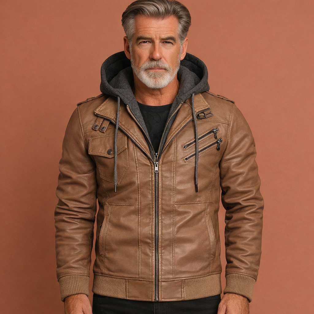 Robuuste heren leren jas, zwarte winterjas met capuchon en diverse zakken, ideaal voor koud weer.