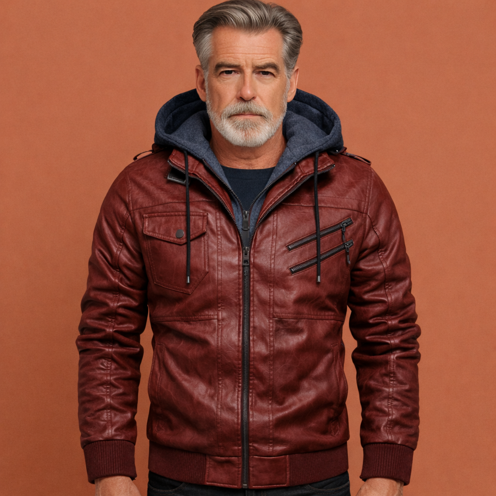 Comfortabele heren leren herfst/winterjas met capuchon en ruime zakken, perfect voor dagelijks gebruik.