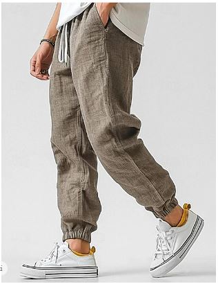 Stijlvolle heren linnen vrachtbroek; ademende stof, hoge taille, rechte pijpen. Perfect voor zomer-look, diverse kleuren.