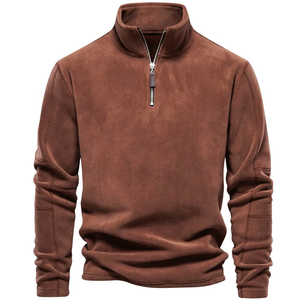 Donkergrijze heren trui met halve rits voor warmte en stijl. Perfect voor koude dagen en buitenactiviteiten.