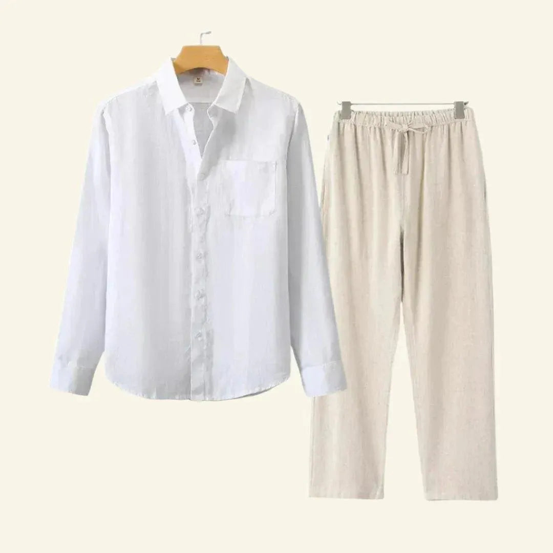 Linnen-look heren set: ademende broek en blouse voor warme zomerdagen.