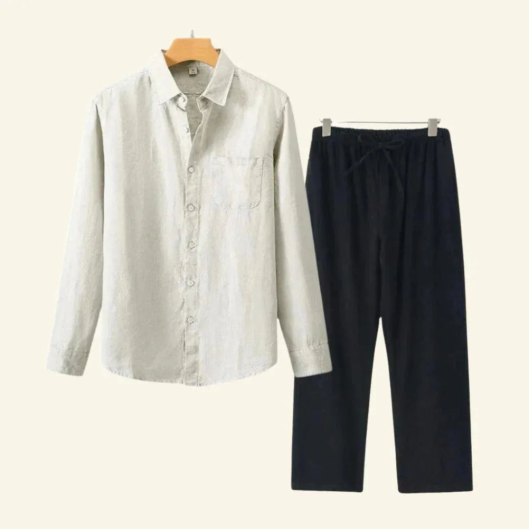 Effen kleur heren set met lange mouw blouse en casual broek.