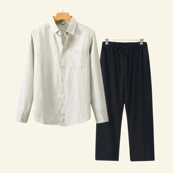 Effen kleur heren set met lange mouw blouse en casual broek.