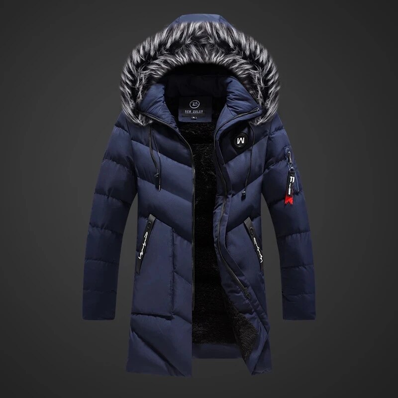 Detailopname van de warme, winddichte stof van deze comfortabele heren parka winterjas. Ideale buitenkleding.