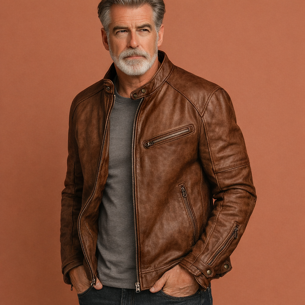 Comfortabele heren leren jas met opstaande kraag, ideaal voor dagelijks gebruik en zowel casual als nette outfits.