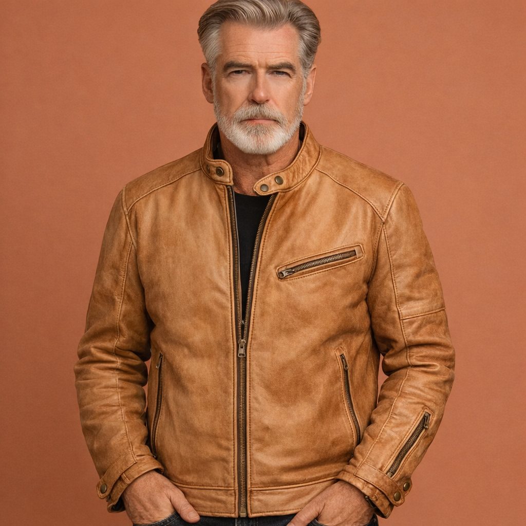 Tijdloze herenjas van hoogwaardig imitatieleer met opstaande kraag, een veelzijdige bovenkleding voor elk seizoen.