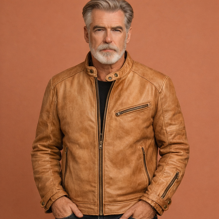 Tijdloze herenjas van hoogwaardig imitatieleer met opstaande kraag, een veelzijdige bovenkleding voor elk seizoen.