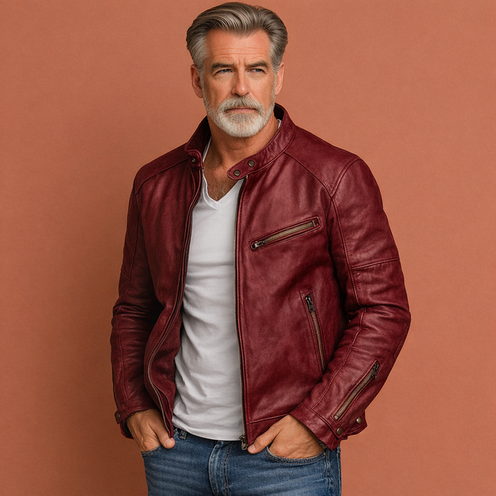 Heren winterjas met opstaande kraag en rits, comfortabele lederlook. Warme en stijlvolle herenkleding.
