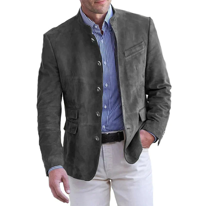 "Stijlvolle herenmantel met vintage stand-up kraag en single-breasted sluiting, ideaal voor casual en formele gelegenheden."