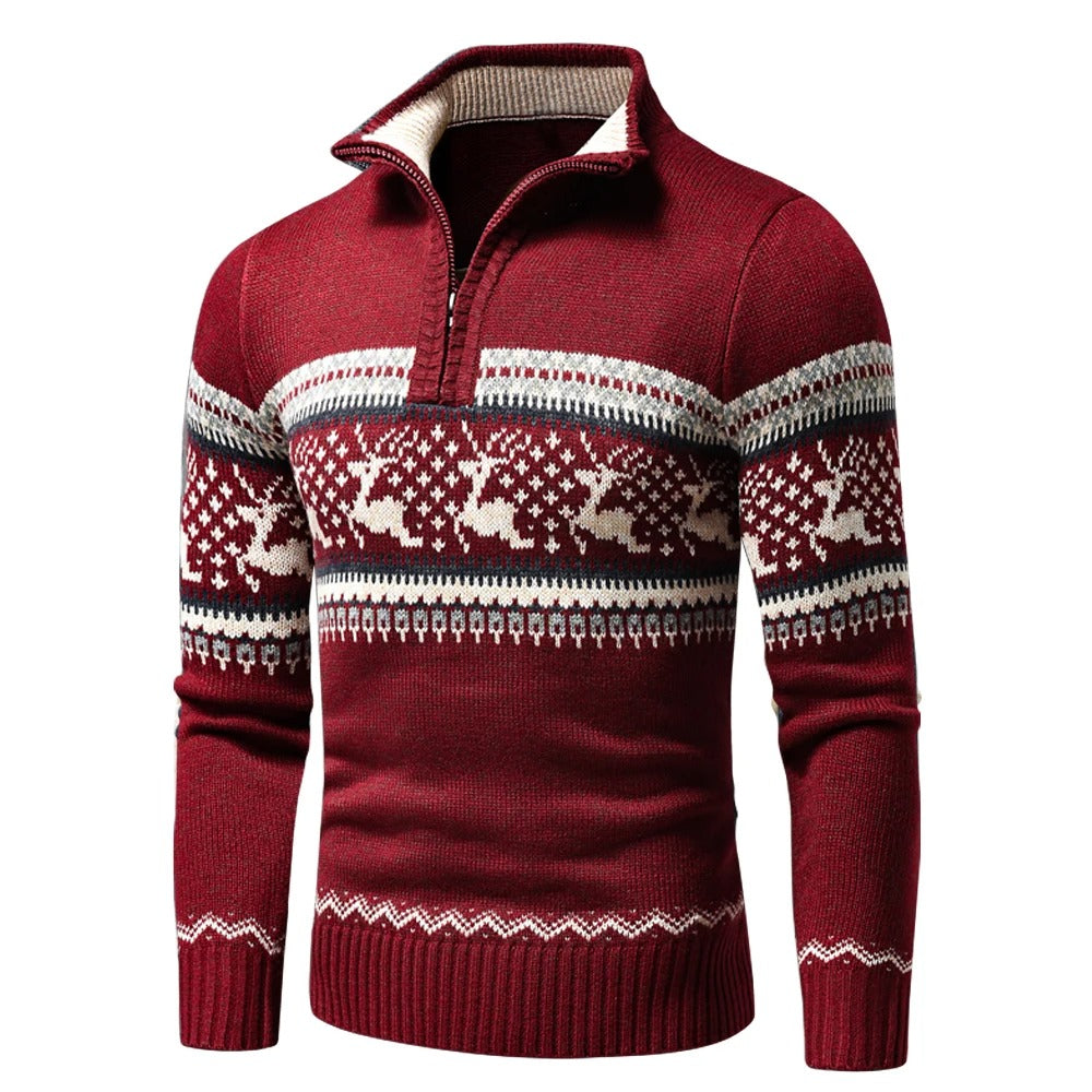 Gebreide herentrui met halve rits en ribboorden, biedt warmte en comfort voor koude dagen. Ideaal casual.