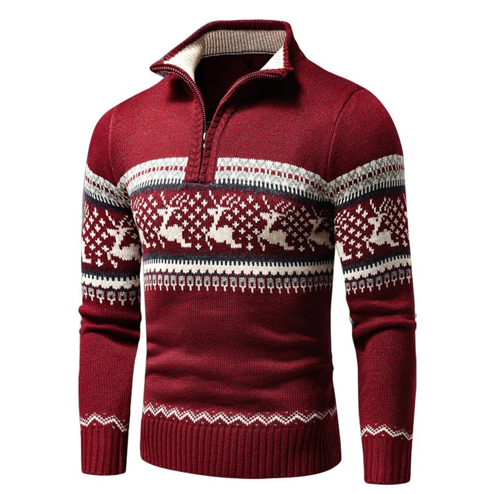 Gebreide herentrui met halve rits en ribboorden, biedt warmte en comfort voor koude dagen. Ideaal casual.