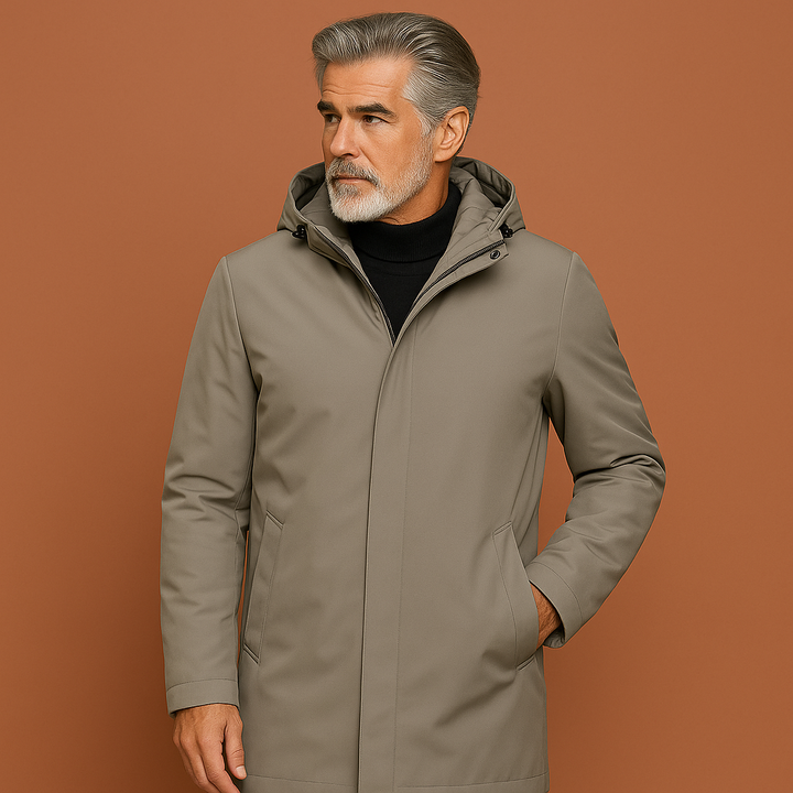 Stijlvolle khaki heren winterjas met capuchon, warm en slim fit voor herfst en winter.