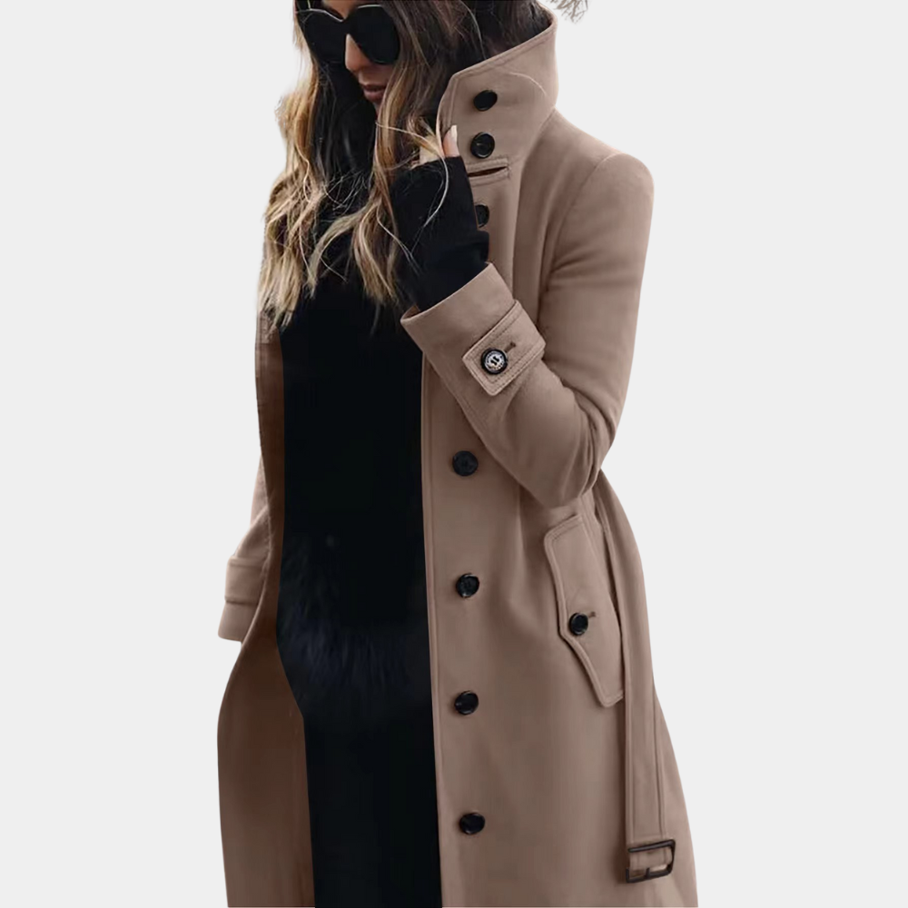 Stijlvolle lange dames trenchcoat met riem en hoge kraag, perfect voor herfst en winter.