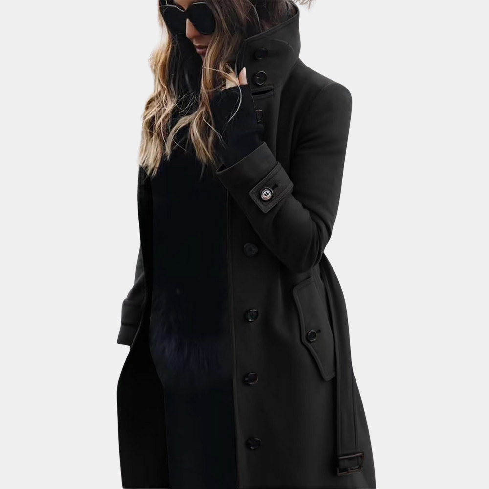 Lange warme dames trenchcoat met verstelbare riem, ideaal als buitenjas voor herfst- en wintermode.