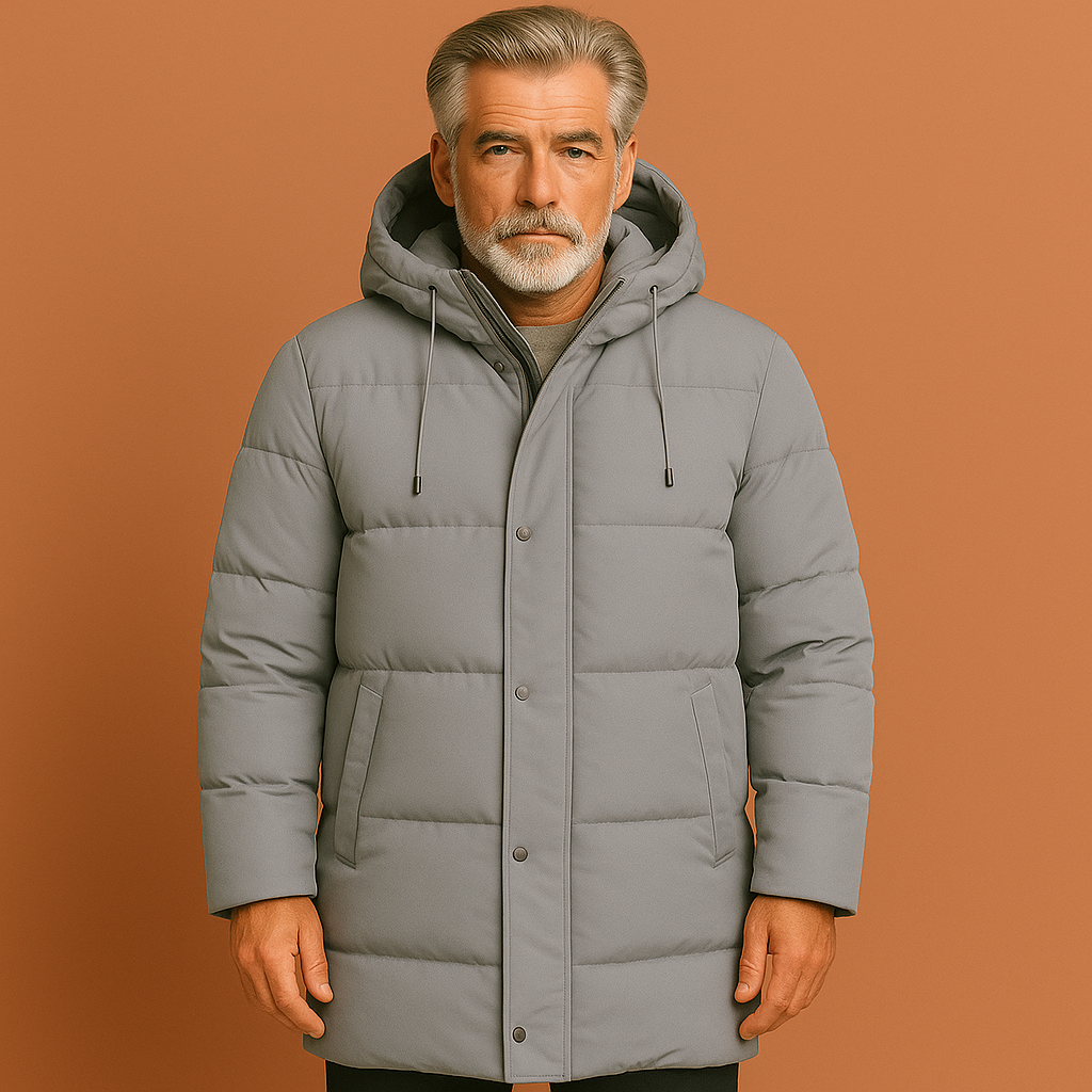 Stijlvolle lange heren winterjas met capuchon, warm en winddicht voor optimaal comfort in de winter.