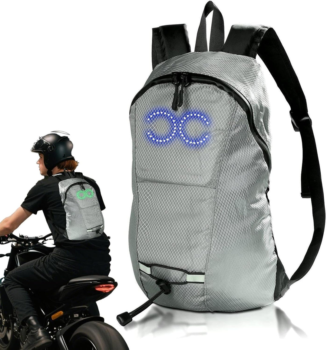 Duurzame waterdichte rugzak met geïntegreerde LED's voor betere zichtbaarheid 's nachts tijdens fietsen of wandelen.