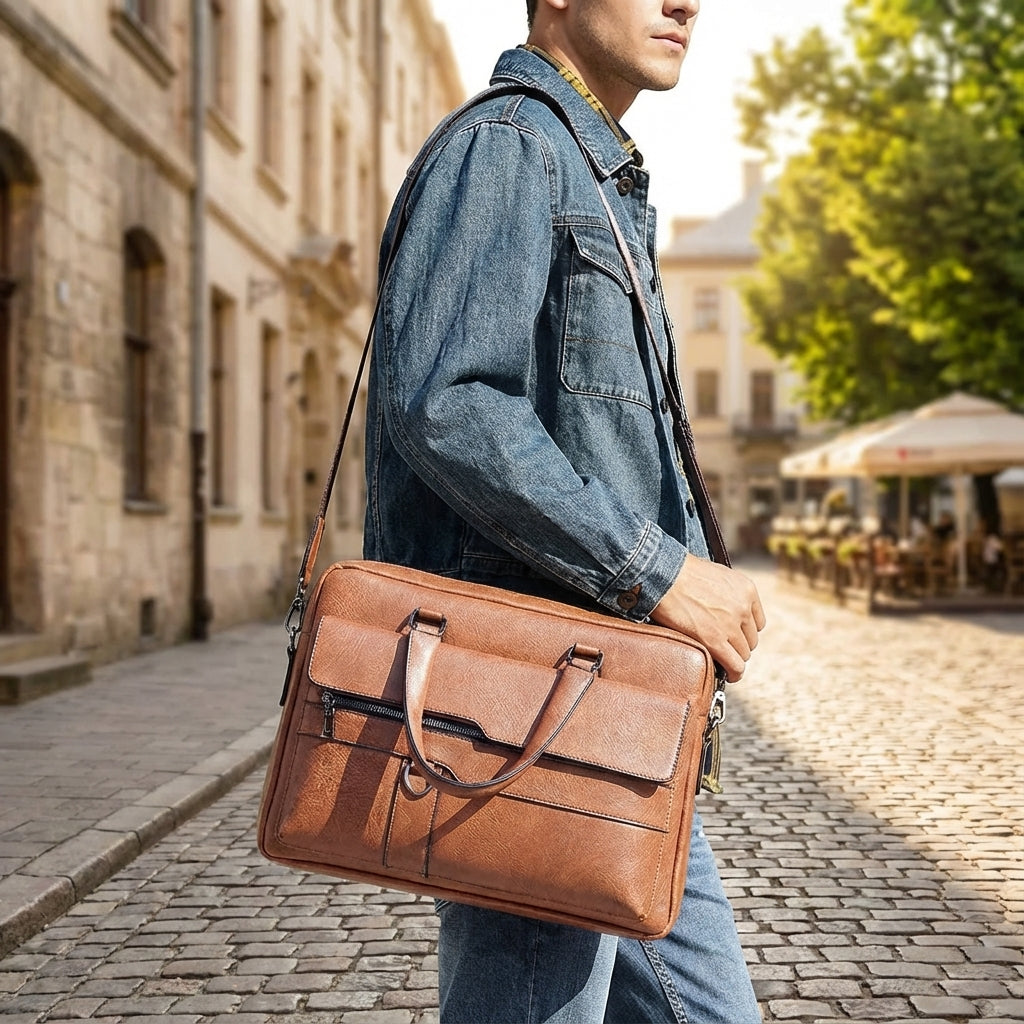 Stijlvolle MetroBrief laptoptas van PU leer met verstelbare schouderband, ideaal voor zakelijk gebruik.