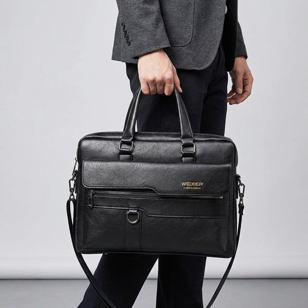 Close-up van de duurzame PU leren MetroBrief aktetas, een stijlvolle laptoptas met schouderband.