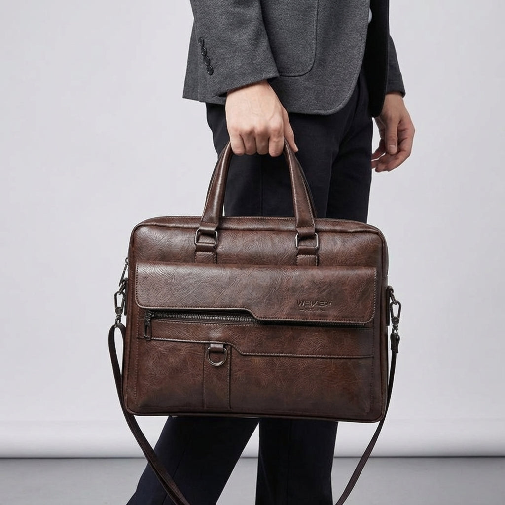 MetroBrief laptoptas staand op tafel, overzichtelijk en klaar voor de georganiseerde professional.