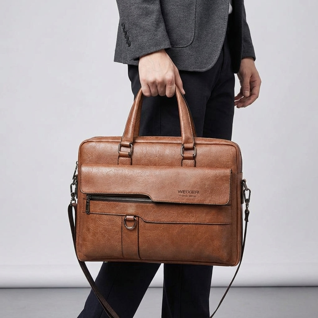 Veelzijdige MetroBrief PU leren laptoptas met schouderband, te gebruiken als aktetas of reistas.