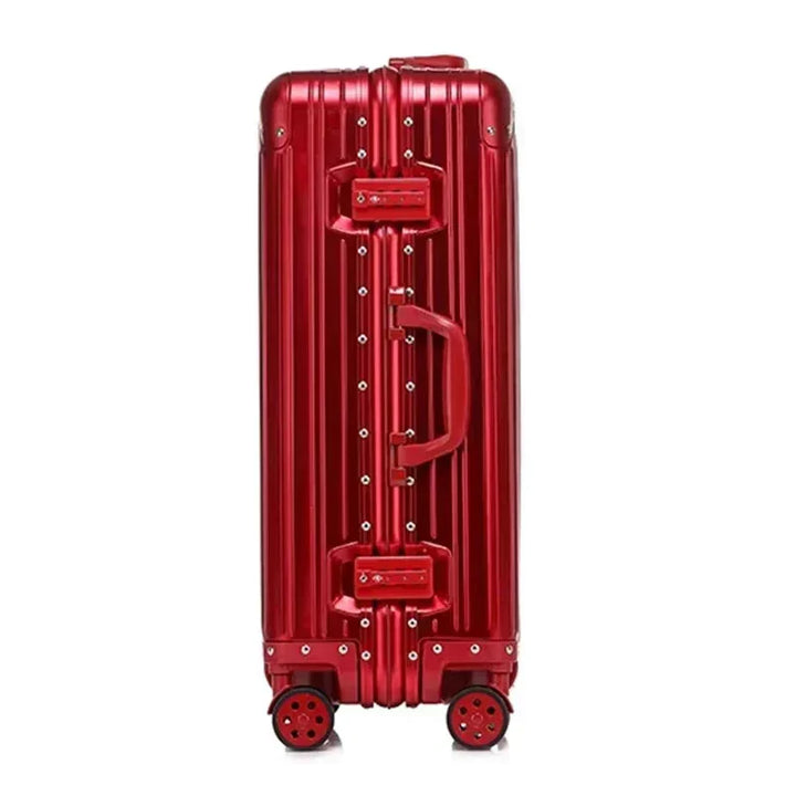 Close-up van de sterke aluminium koffer met TSA slot. Ideale magnesium reisbagage.