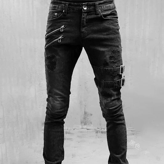 Stijlvolle urban denim joggers voor heren, biker look met gescheurde details en fake ritsen, comfortabel en modieus.