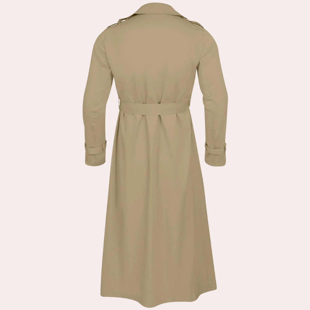 "Stijlvolle waterafstotende lange heren trenchcoat in khaki met verstelbare mouwen en tijdloos ontwerp."