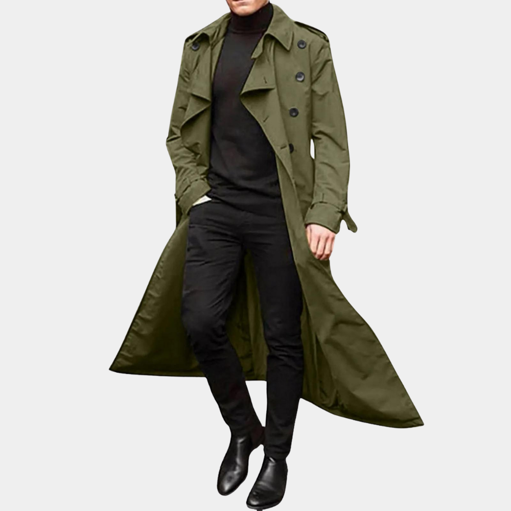"Stijlvolle waterafstotende lange heren trenchcoat in khaki met verstelbare mouwen en tijdloos ontwerp."