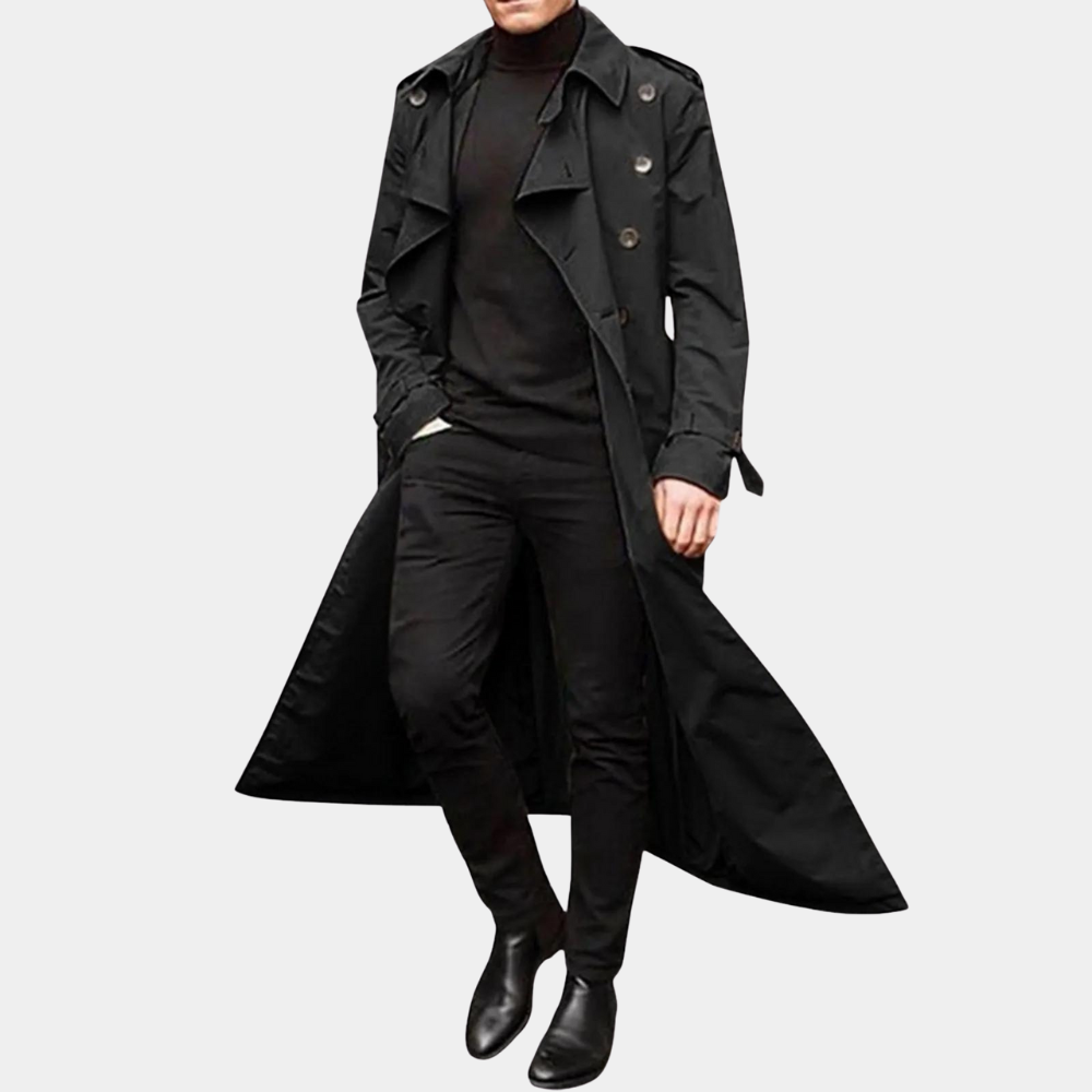 "Stijlvolle waterafstotende lange heren trenchcoat in khaki met verstelbare mouwen en tijdloos ontwerp."
