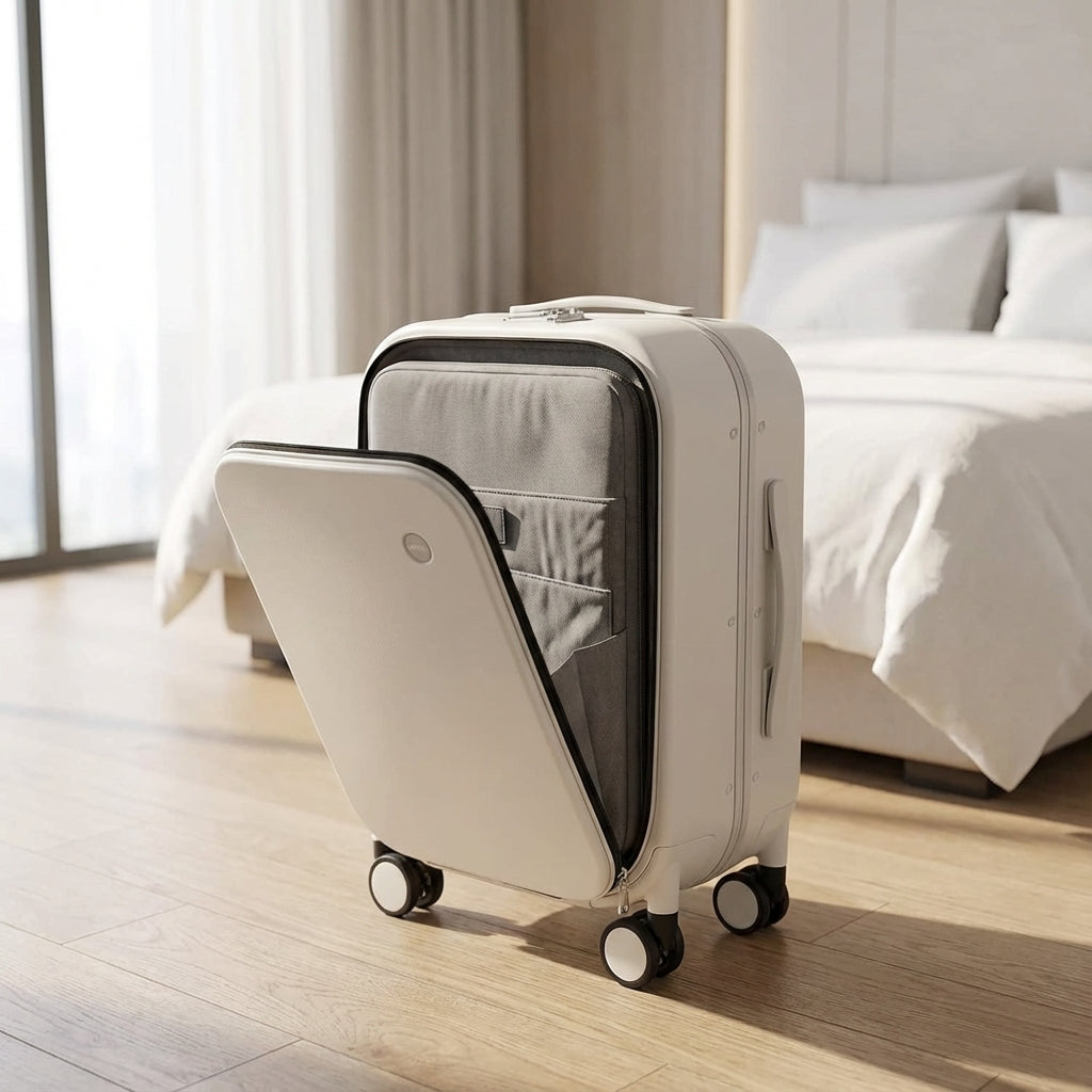 Stille 360° spinner reiskoffer met handige voorklep. Ideaal voor georganiseerd reizen.