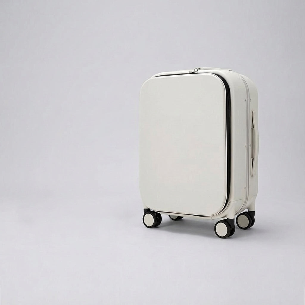 Stille spinner koffer met uitgeschoven handvat. Klaar voor je volgende avontuur als handbagage.