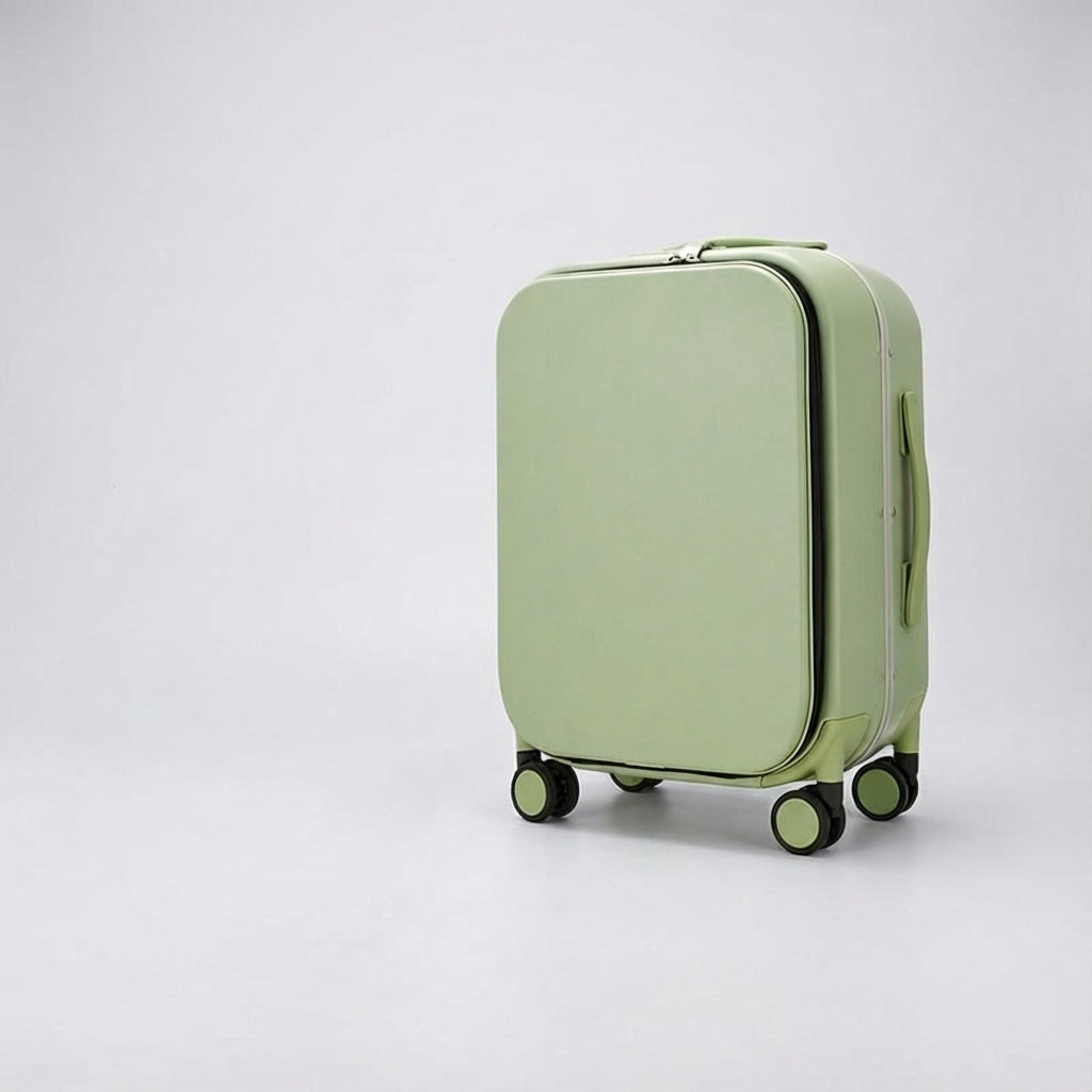 Zijkant van de stille 360° spinner reiskoffer. Compact formaat, perfect voor korte trips.
