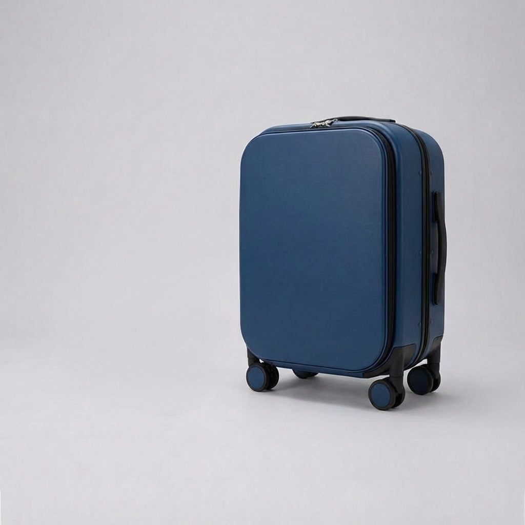 Stille 360° spinner reiskoffer met beschermhoes, klaar voor duurzaam reizen overal ter wereld.