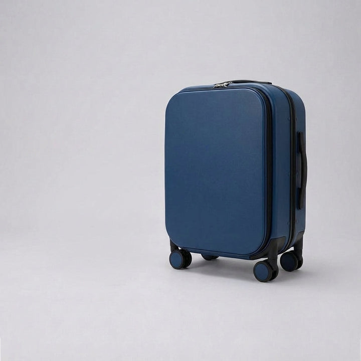 Stille 360° spinner reiskoffer met beschermhoes, klaar voor duurzaam reizen overal ter wereld.