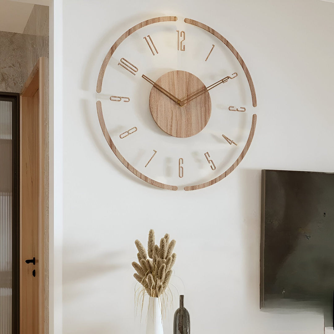 Detail van de stille design wandklok met minimalistische wijzers en strakke afwerking.