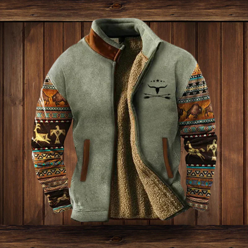Warme & comfortabele heren winterjas, stijlvol Western design met opvallende patroonmouwen en opstaande kraag.