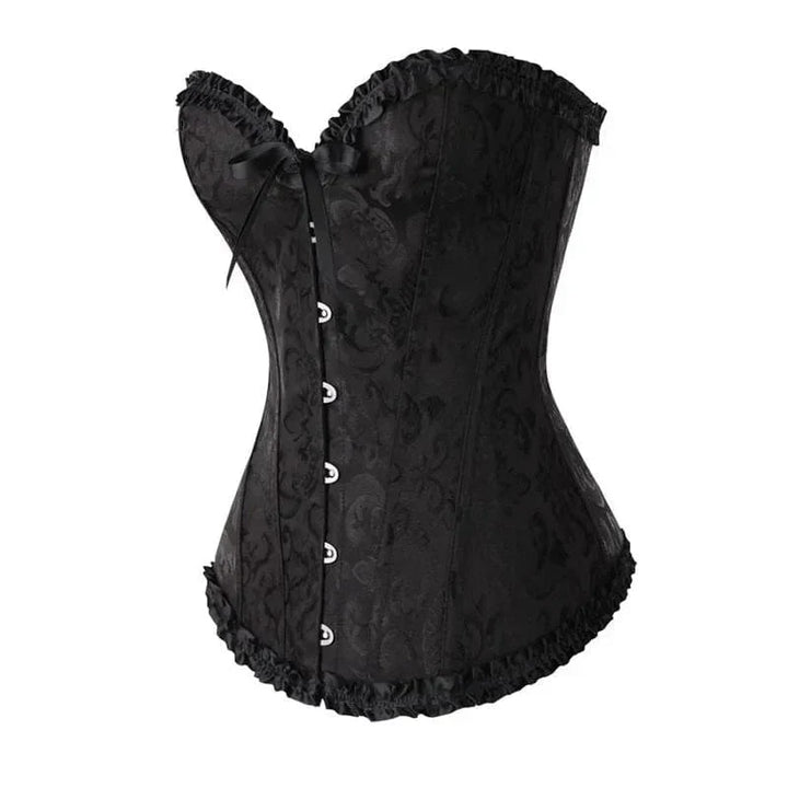 Strapless zwart kanten dameskorset met bloemenpatroon en verstelbare sluiting; elegant design, ideaal voor diverse gelegenhed