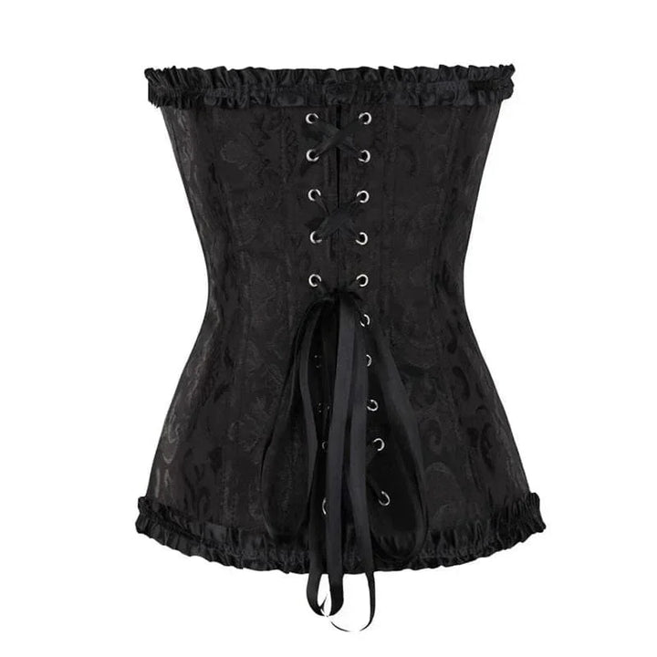 Strapless zwart kanten dameskorset met bloemenpatroon en verstelbare sluiting; elegant design, ideaal voor diverse gelegenhed
