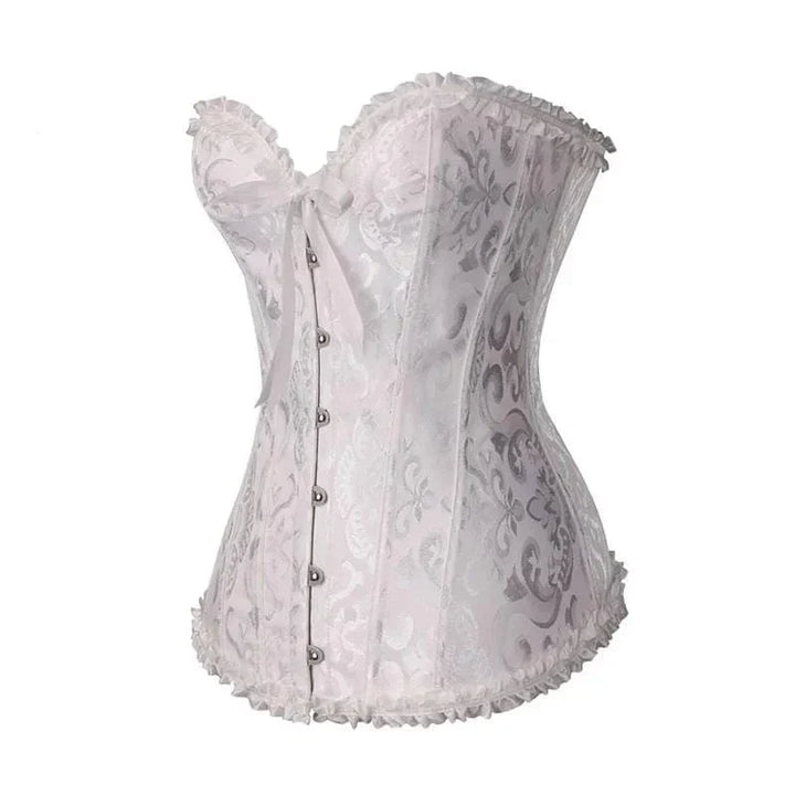 Strapless zwart kanten dameskorset met bloemenpatroon en verstelbare sluiting; elegant design, ideaal voor diverse gelegenhed